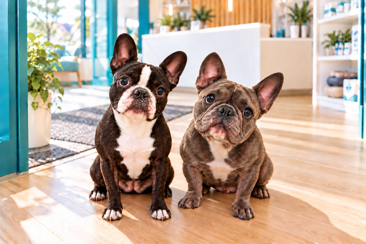 AI illustration of Lloyd, the grey-brindle French bulldog, and Millie, the black-and-white Boston terrier, at a welcoming clinic entrance
