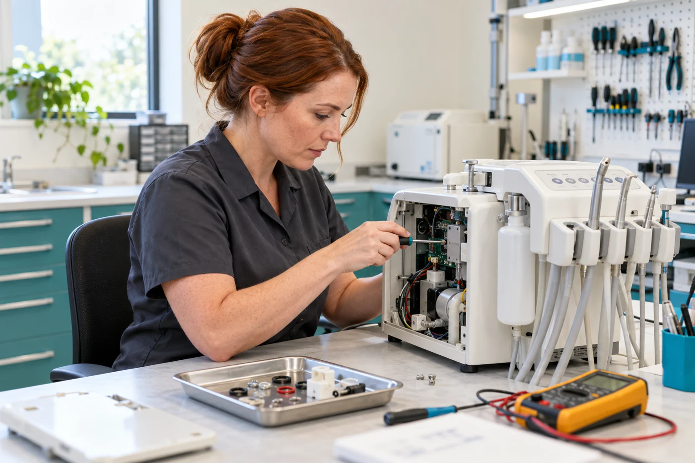 Illustrative service technician actively repairing veterinary equipment