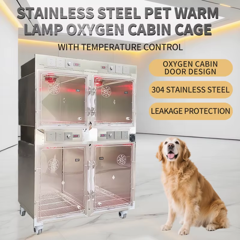 4-Position Mobile Veterinary Oxygen Cage Stainless Steel Dog Cat ICU Chamber With Temperature Contro